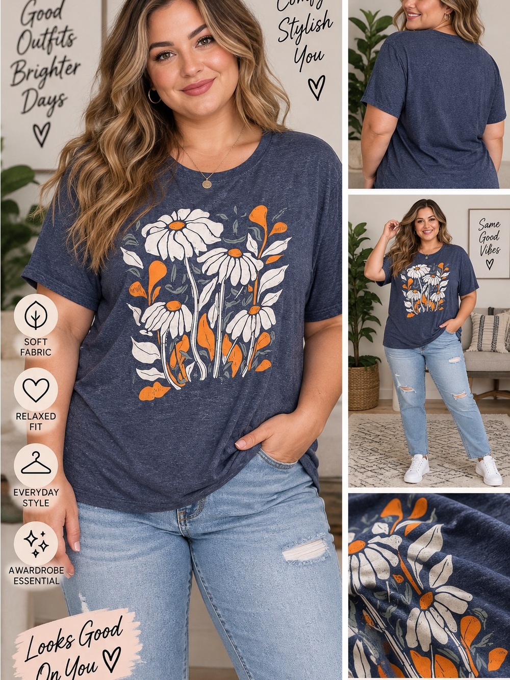 Navy Floral Graphic Tee - Relaxed Women's Top NWOT